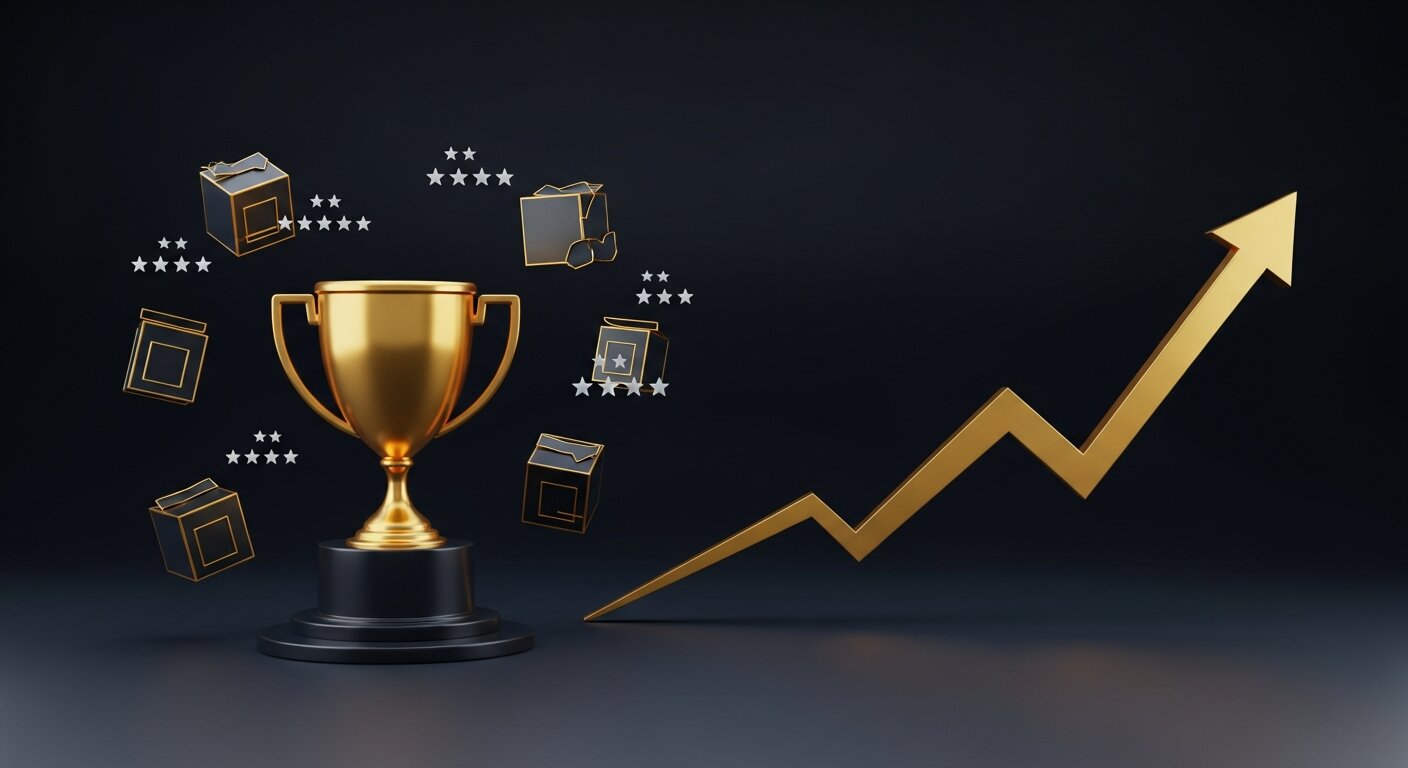 Trophée doré avec icônes de produits dropshipping et flèche de croissance, 10 produits gagnants 2022