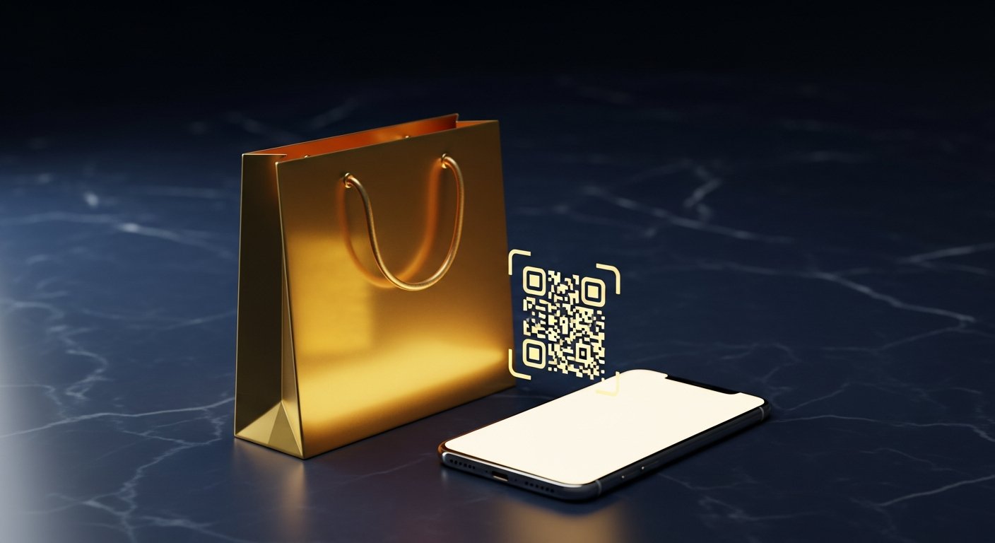 Sac de shopping doré avec QR code holographique scanné par un smartphone moderne sur fond navy, click & collect Shopify pour le retail omnicanal 2026