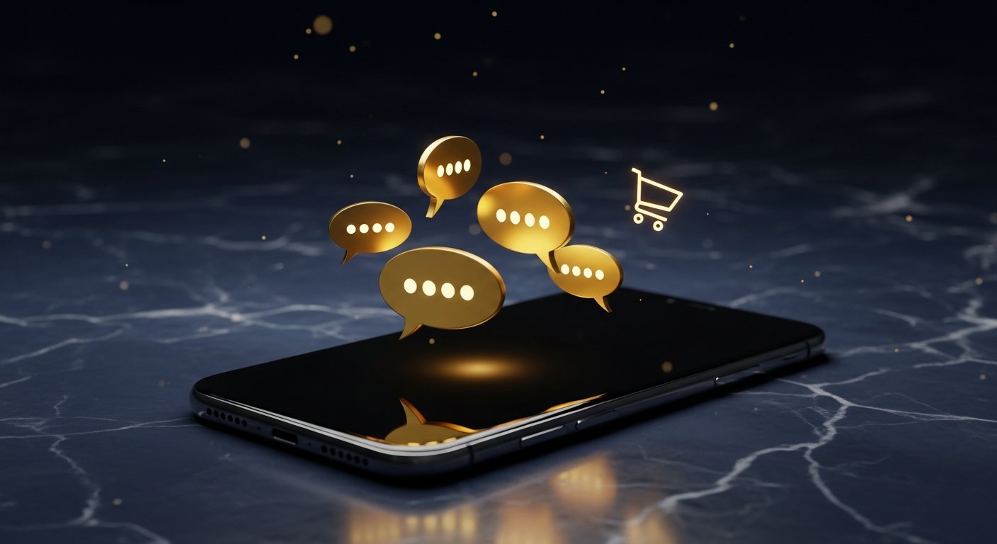 Smartphone moderne avec bulles de chat dorées flottantes et icône caddie sur marbre navy, WhatsApp commerce Shopify avec Coco AI 2026