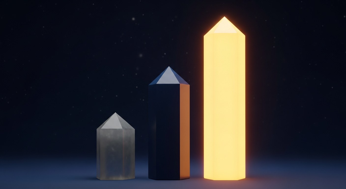 Trois colonnes cristallines ascendantes représentant les trois fourchettes de tarifs des agences SEO Shopify en France, du freelance à l'agence Shopify Plus premium
