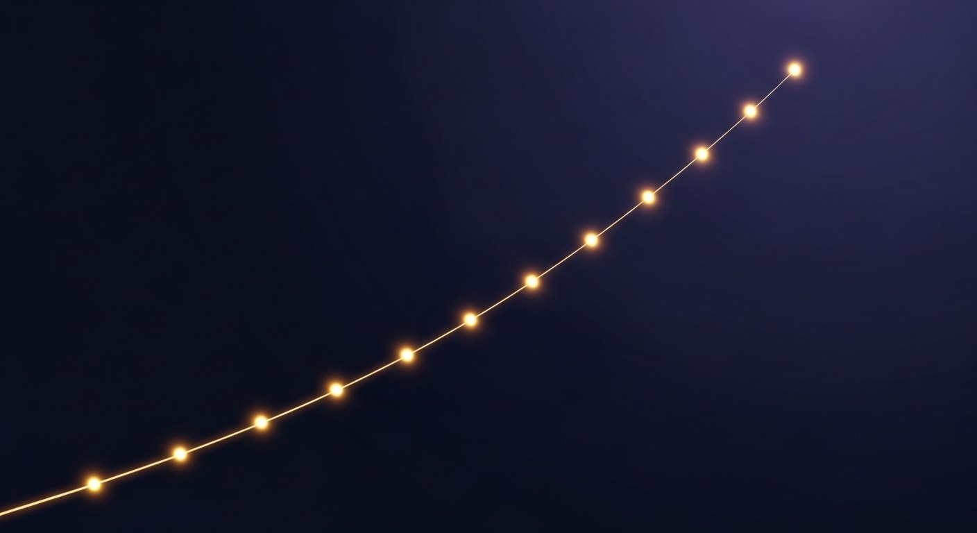Timeline ascendante symbolisant les 12 mois d'un accompagnement SEO Shopify avec orbes lumineux dorés représentant les jalons mensuels et la progression du trafic organique