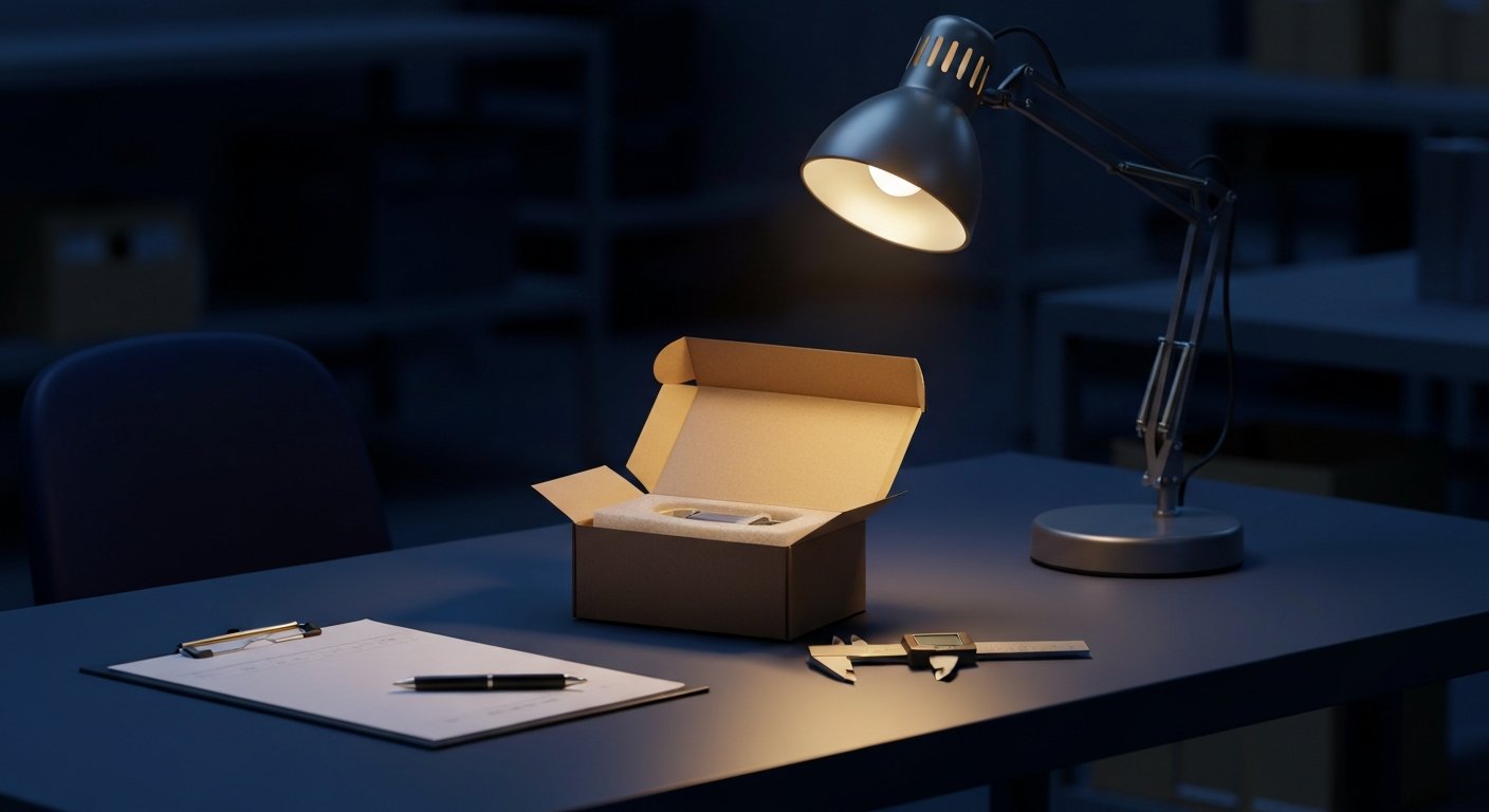 Inspection d'un échantillon produit : packaging, qualité et conformité au devis