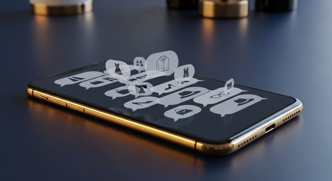 Smartphone affichant une conversation IA avec recommandations produits, ambiance navy et or
