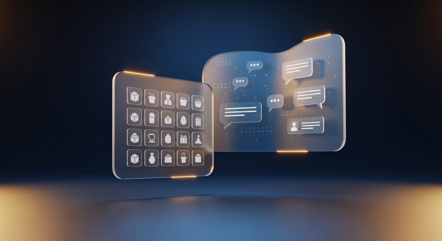 Interfaces de recherche IA et e-commerce convergeant, panneaux glass avec icônes produits et bulles de recommandation, ambiance navy et or