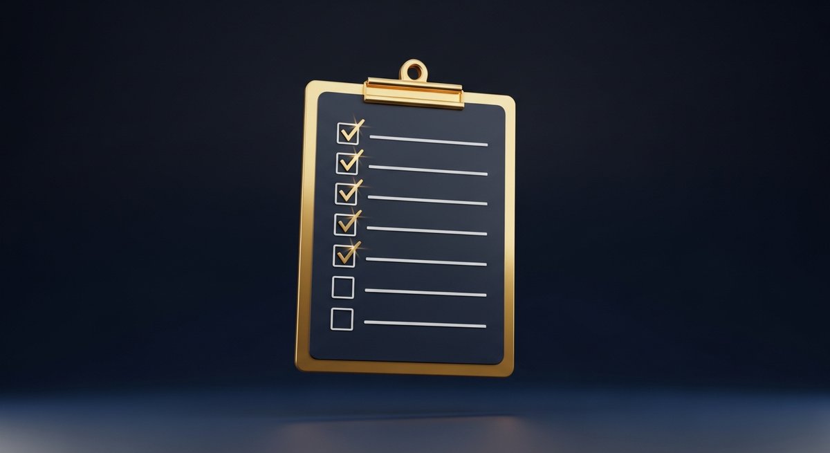 Checklist dorée flottante avec 12 cases à cocher sur fond navy : représentation visuelle des 12 étapes obligatoires d'un audit SEO complet