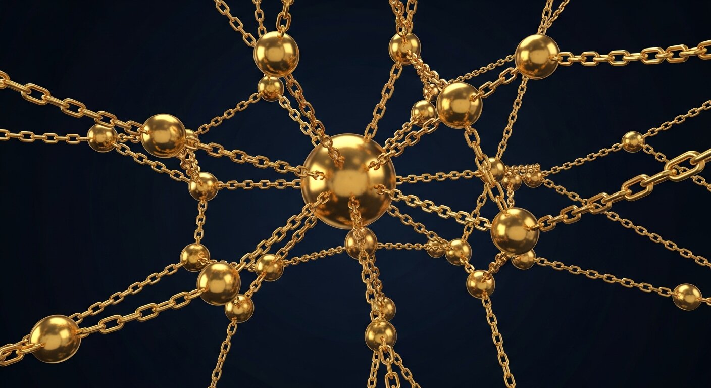 Réseau de sphères et chaînes dorées représentant les backlinks SEO de qualité