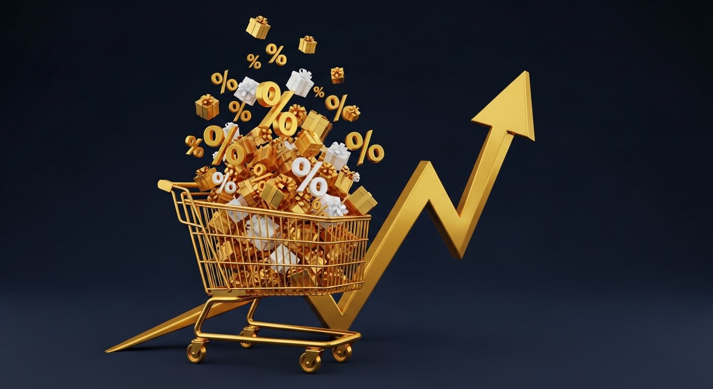Panier shopping doré débordant de cadeaux et symboles % avec flèche de croissance pour les soldes e-commerce