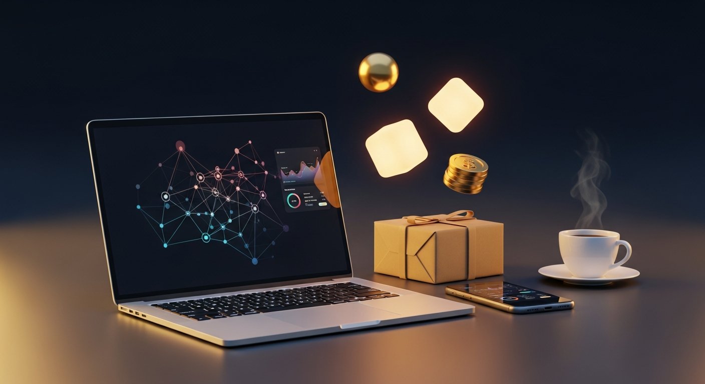 Business en ligne rentable 2026 : bureau avec ordinateur, colis e-commerce et pièces dorées sur fond sombre Speed Ecom