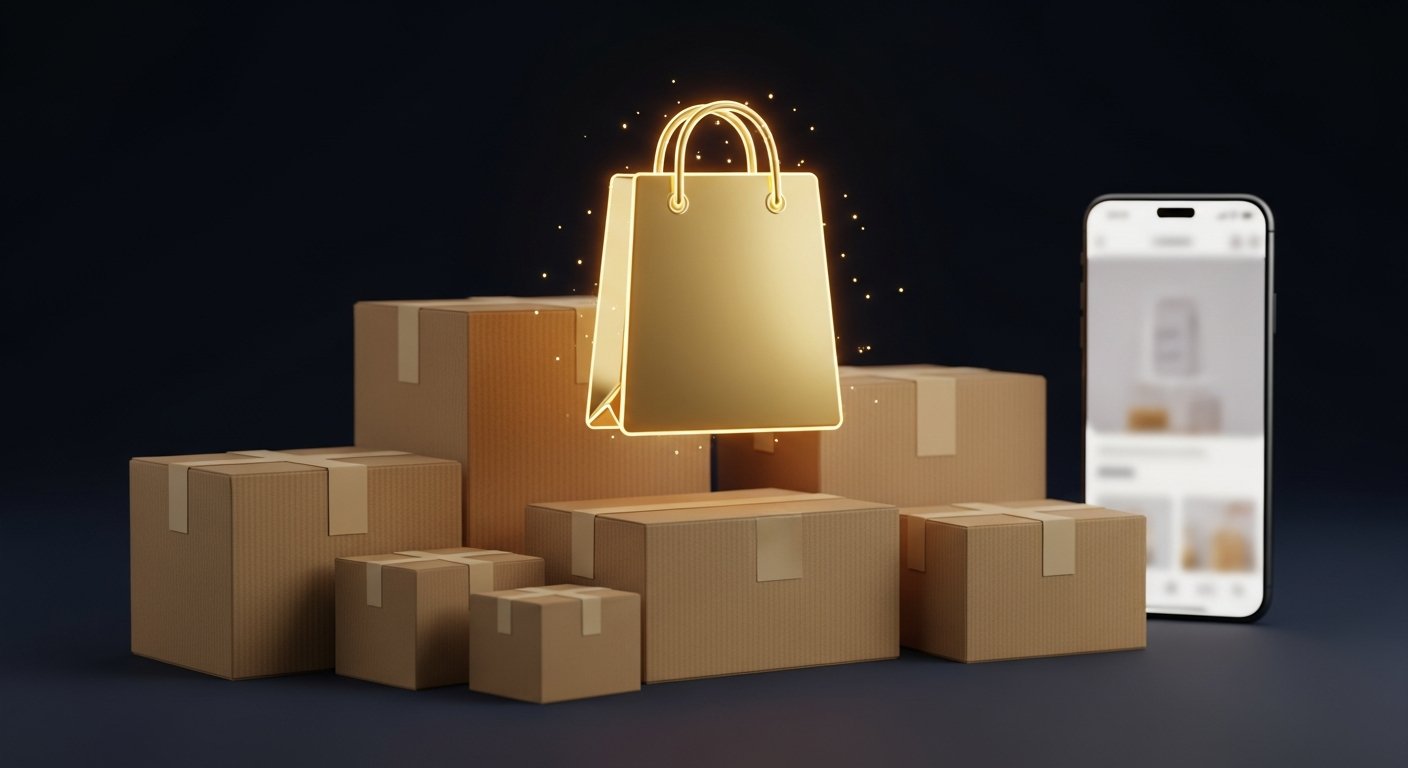 Colis e-commerce et sac de courses doré sur fond navy, business de vente de produits en ligne
