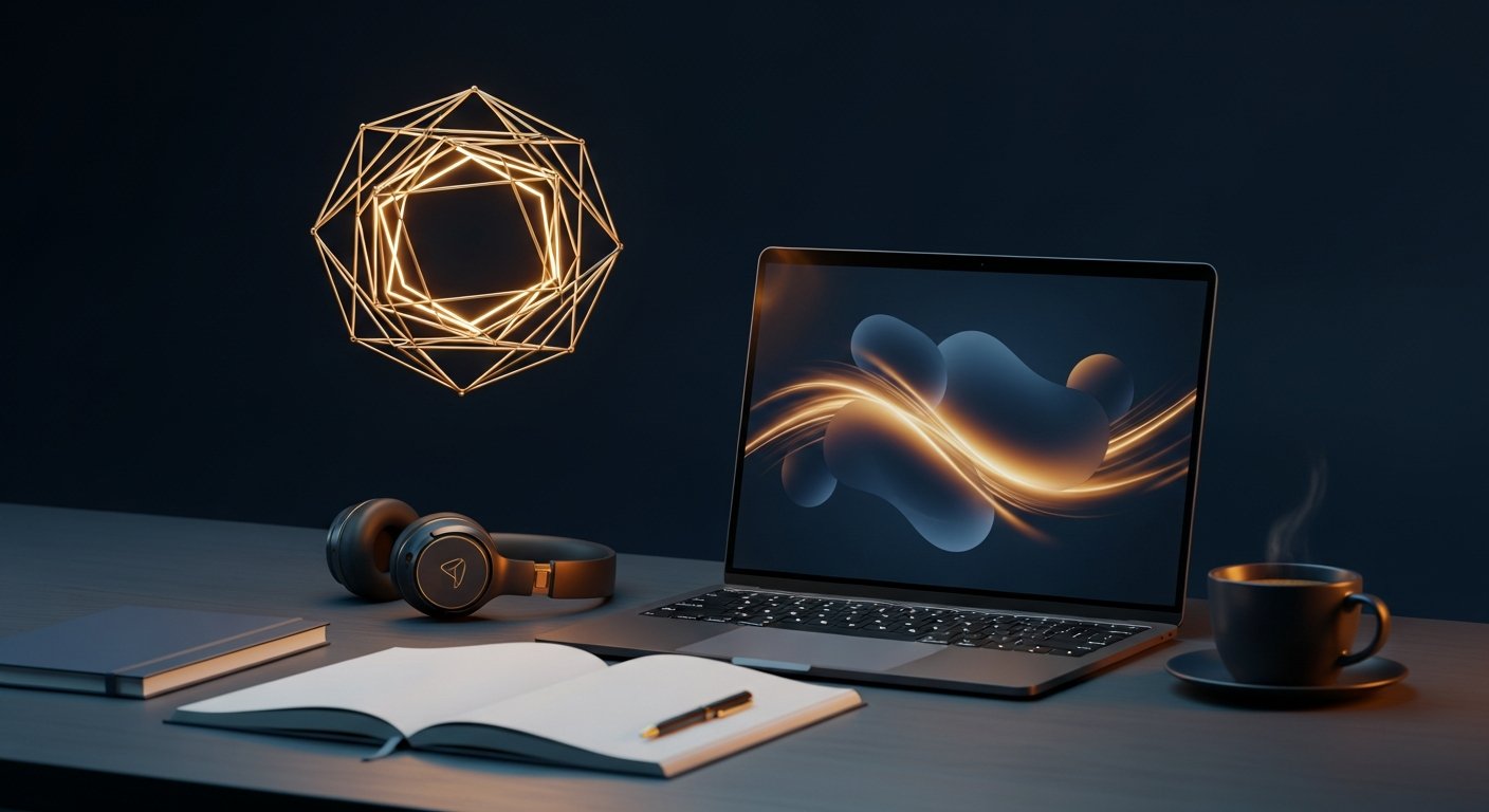 Bureau de freelance avec ordinateur portable, casque et carnet sur fond navy, business de services en ligne
