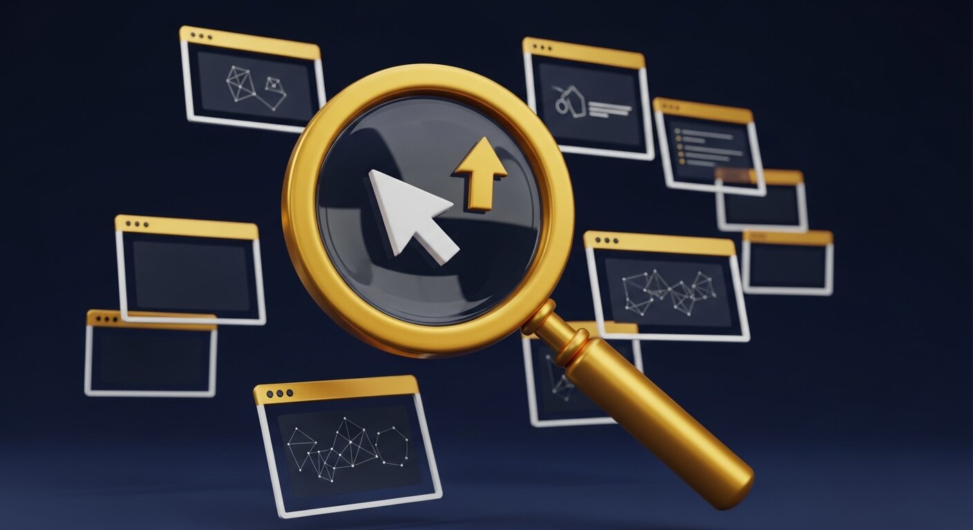 Loupe dorée avec curseur et flèche de croissance entourée de fenêtres publicitaires pour les campagnes Google Ads