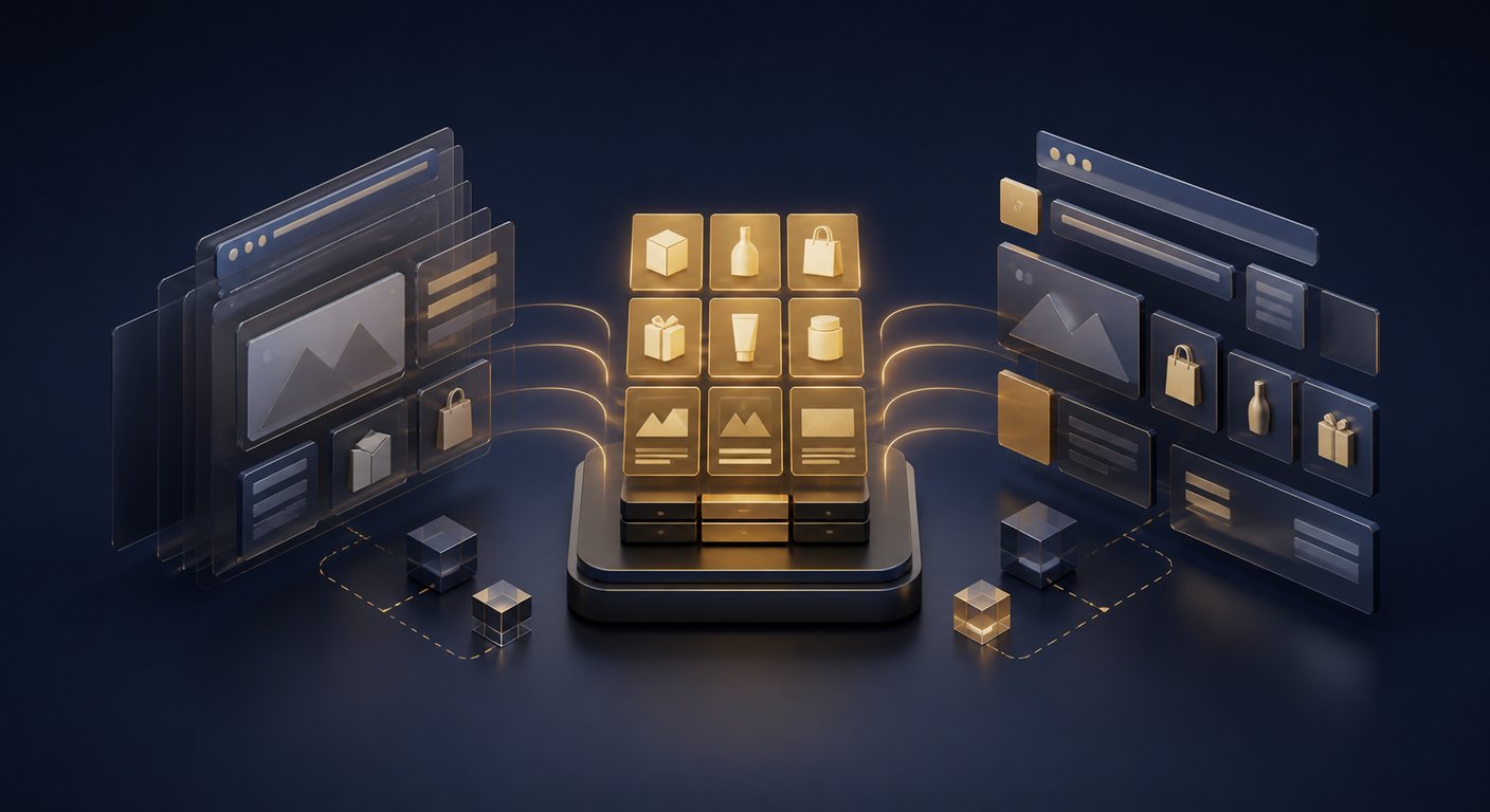 Ce que Shopify conserve lors d'un changement de thème Le catalogue et les contenus Shopify restent au centre pendant que l'ancien thème laisse place à une nouvelle interface modulaire