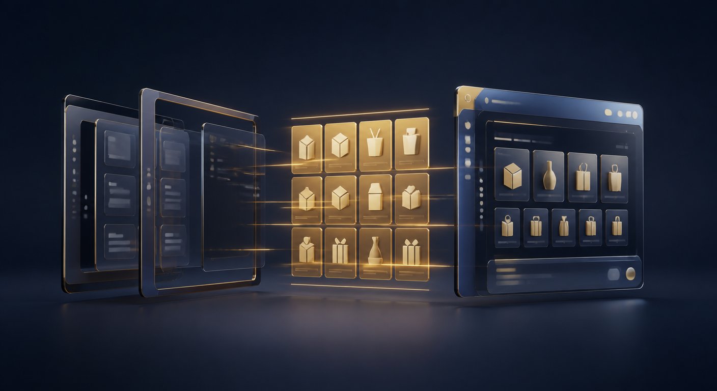 Migration d'un thème Shopify représentée par des interfaces modulaires bleu nuit et or, le catalogue restant intact au centre