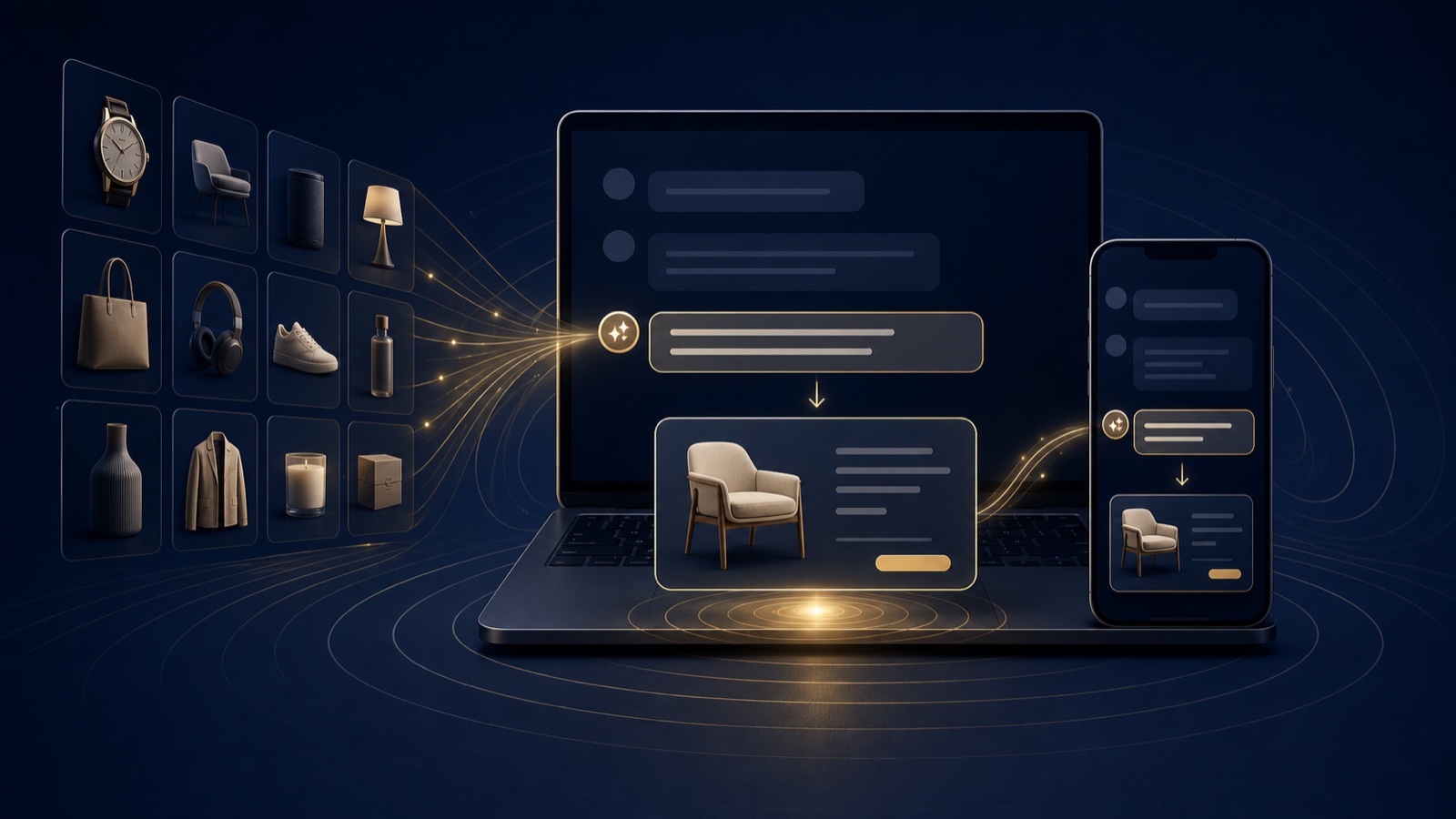 Publicité produit clairement séparée sous une conversation dans ChatGPT, avec catalogue e-commerce, dans un univers navy et or