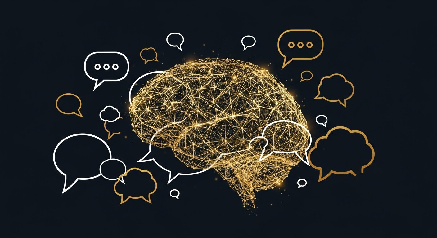 Cerveau IA doré en réseau neuronal entouré de bulles de conversation pour ChatGPT et l'intelligence artificielle