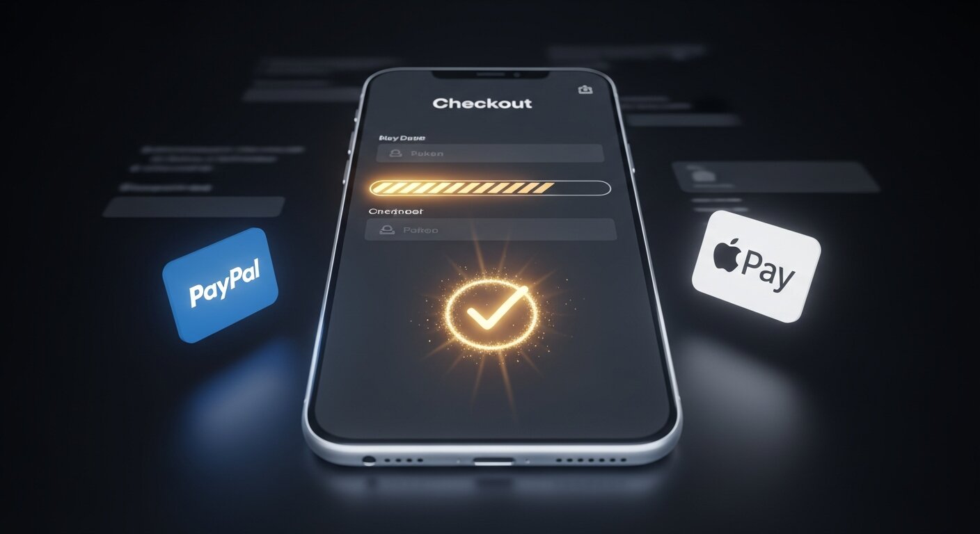 Smartphone avec checkout Shopify optimisé, PayPal et Apple Pay, taux de conversion amélioré