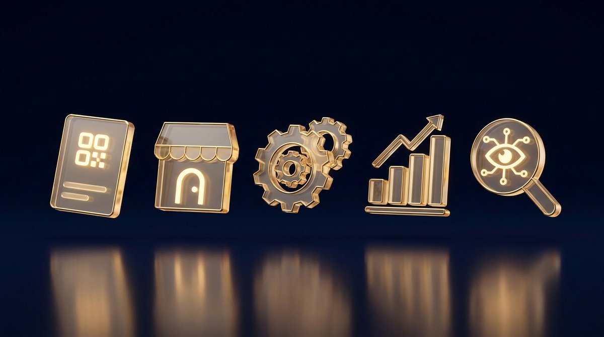 Cinq tokens géométriques dorés représentant les cinq chantiers e-commerce de Claude Fable 5 : fiches produits, boutique, automatisation, analyse de données et SEO