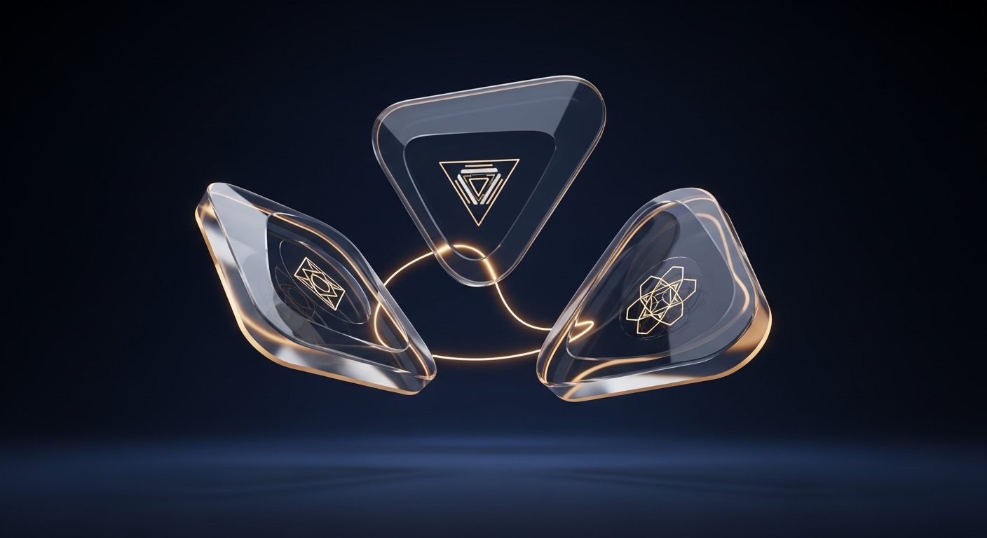 Trois panneaux glass triangulaires dorés flottant en réseau, représentant les 3 serveurs MCP Shopify
