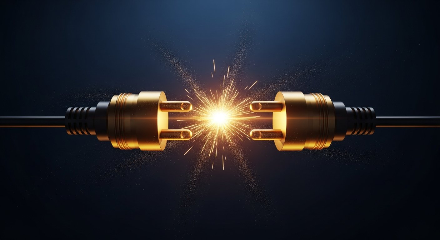 Deux connecteurs dorés se rejoignant avec un éclair central, représentant la connexion Claude Desktop et Shopify