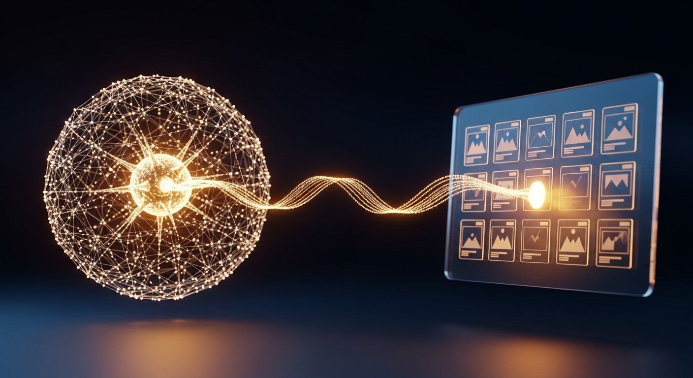 Sphère neurale dorée connectée à un panneau de produits Shopify par un fil lumineux, illustration éditoriale navy et or de Claude MCP en partenaire business