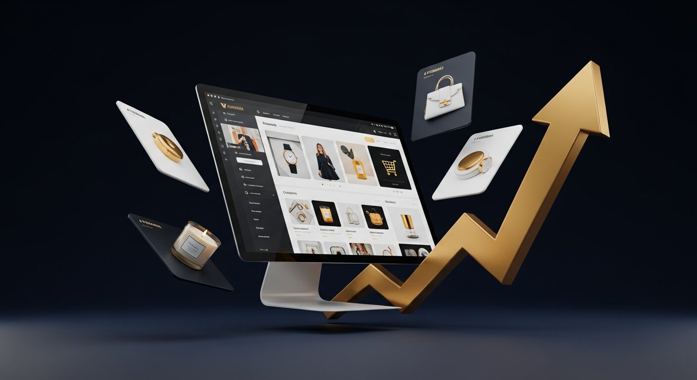 Écran Shopify avec boutique e-commerce dorée, fiches produits flottantes et flèche de croissance