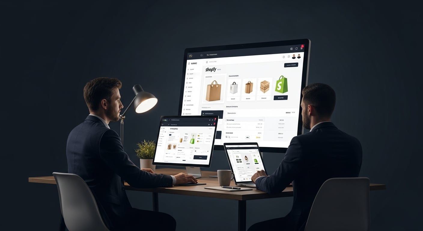 Entrepreneur qui configure sa boutique dropshipping sur Shopify depuis son bureau, écran avec tableau de bord e-commerce