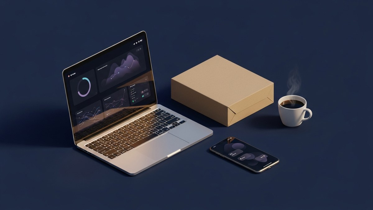 Setup d un entrepreneur dropshipping moderne : laptop avec dashboard, colis brun, smartphone et café sur un plan navy premium
