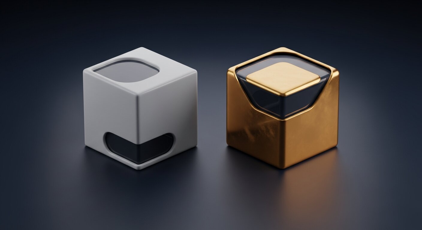 Deux cubes représentant des plateformes e-commerce en comparaison, blanc vs or sur fond dark navy