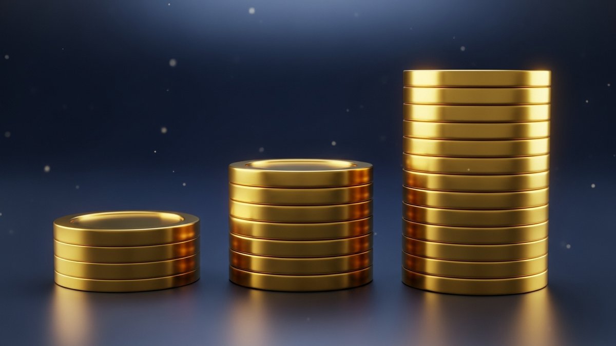 Trois piles de jetons dorés représentant les trois tiers de commission TikTok Shop 2026 sur fond navy