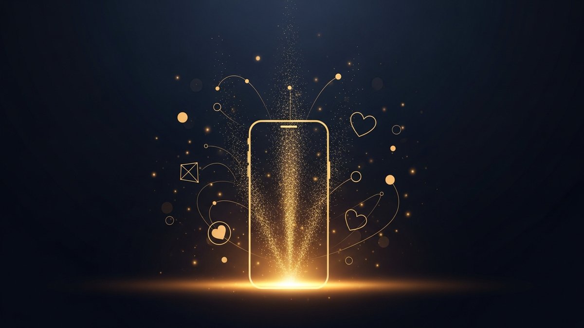 Smartphone vertical émettant des rayons dorés représentant un live shopping TikTok avec engagement audience sur fond navy
