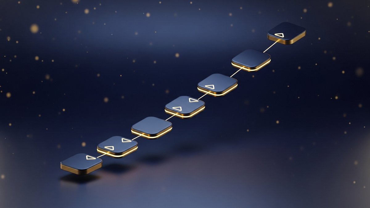 Workflow d'installation du canal TikTok Shop sur Shopify illustré par des cartes en escalier reliées par des flèches dorées sur fond navy
