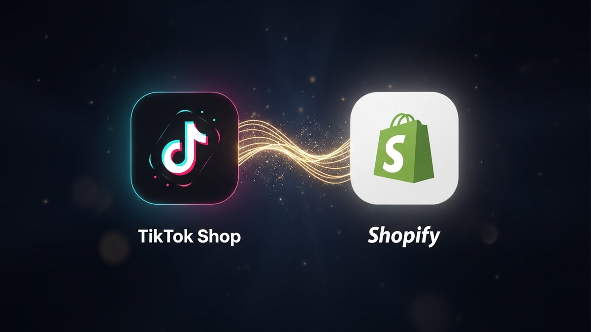 Connexion entre TikTok Shop et Shopify illustrée par deux orbes navy reliés par des flux dorés