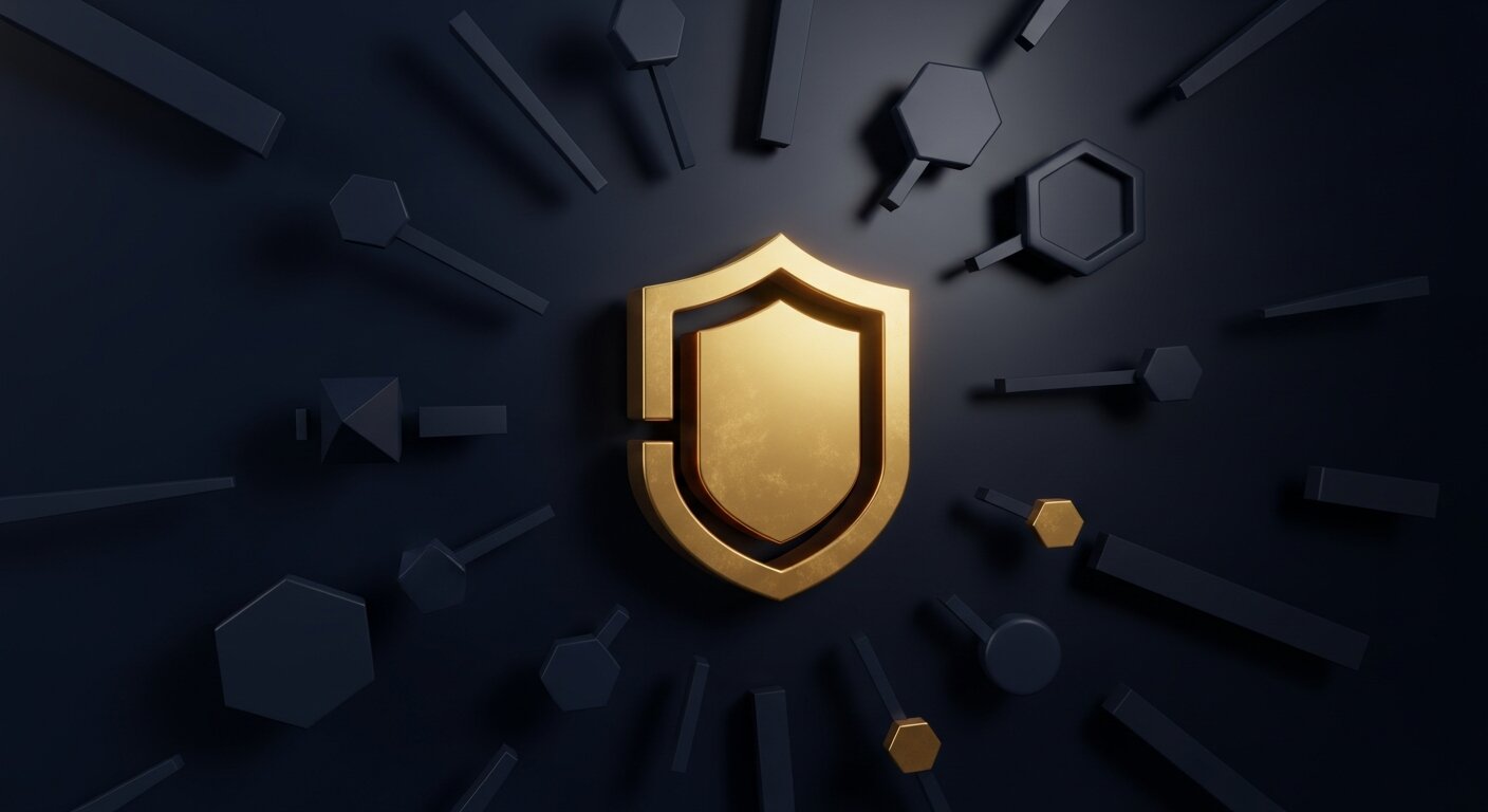 Bouclier doré entouré d'éléments de brand identity pour créer sa marque en dropshipping