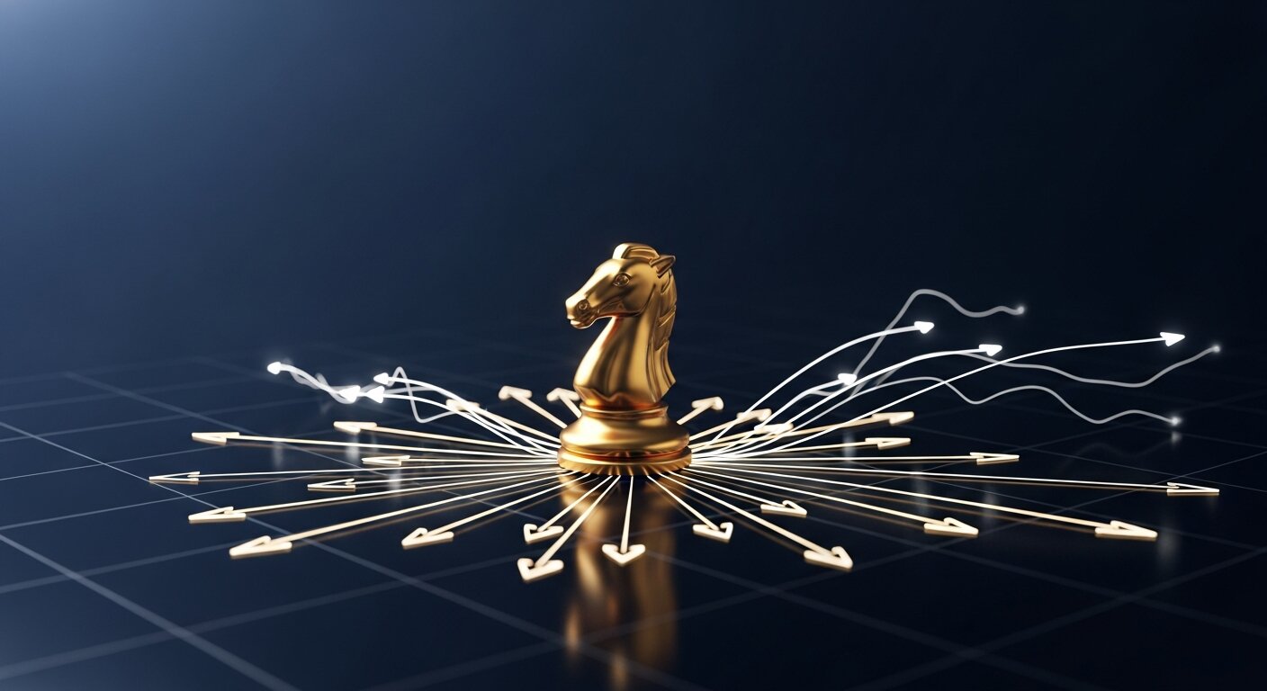 Cavalier d'échecs doré entouré de flèches stratégiques lumineuses sur fond sombre pour la stratégie marketing