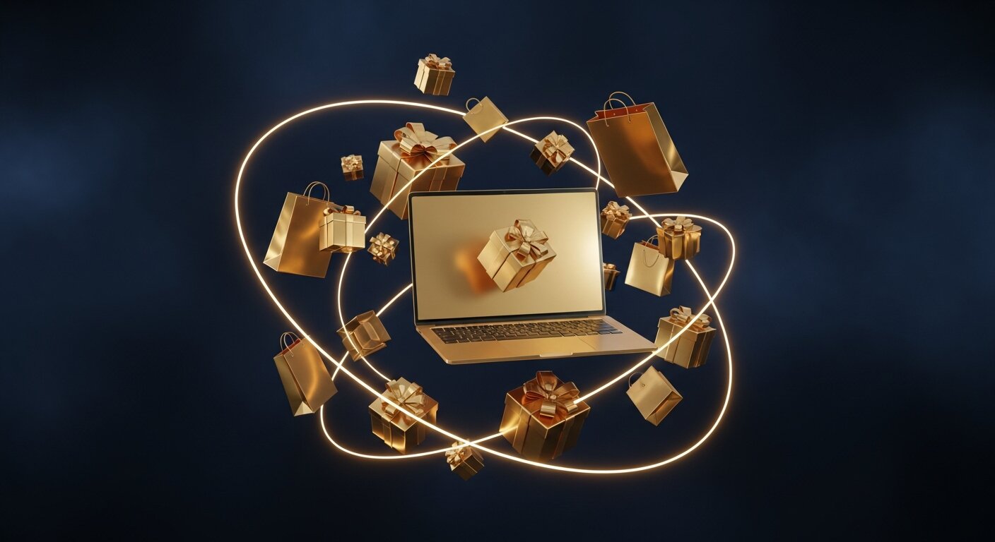 Laptop doré entouré de sacs de shopping et cadeaux en orbite pour le Cyber Monday e-commerce