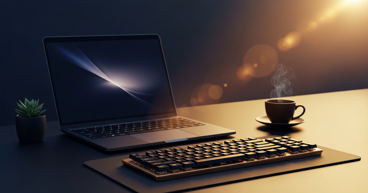 Setup d'entrepreneur e-commerce avec laptop ouvert et lumière dorée chaleureuse, ambiance Speedfly Speed Ecom