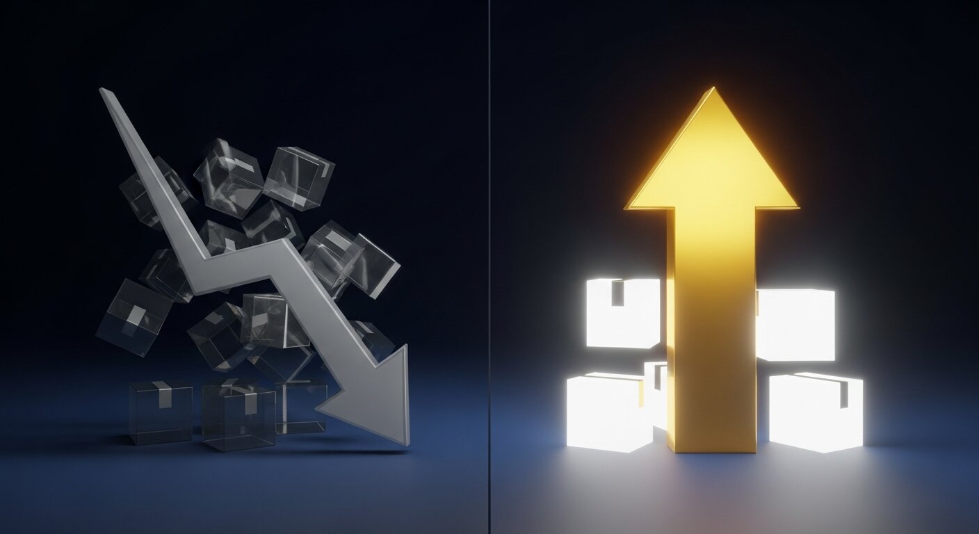 Comparaison visuelle : déclin gris du dropshipping à gauche, opportunité dorée en croissance à droite