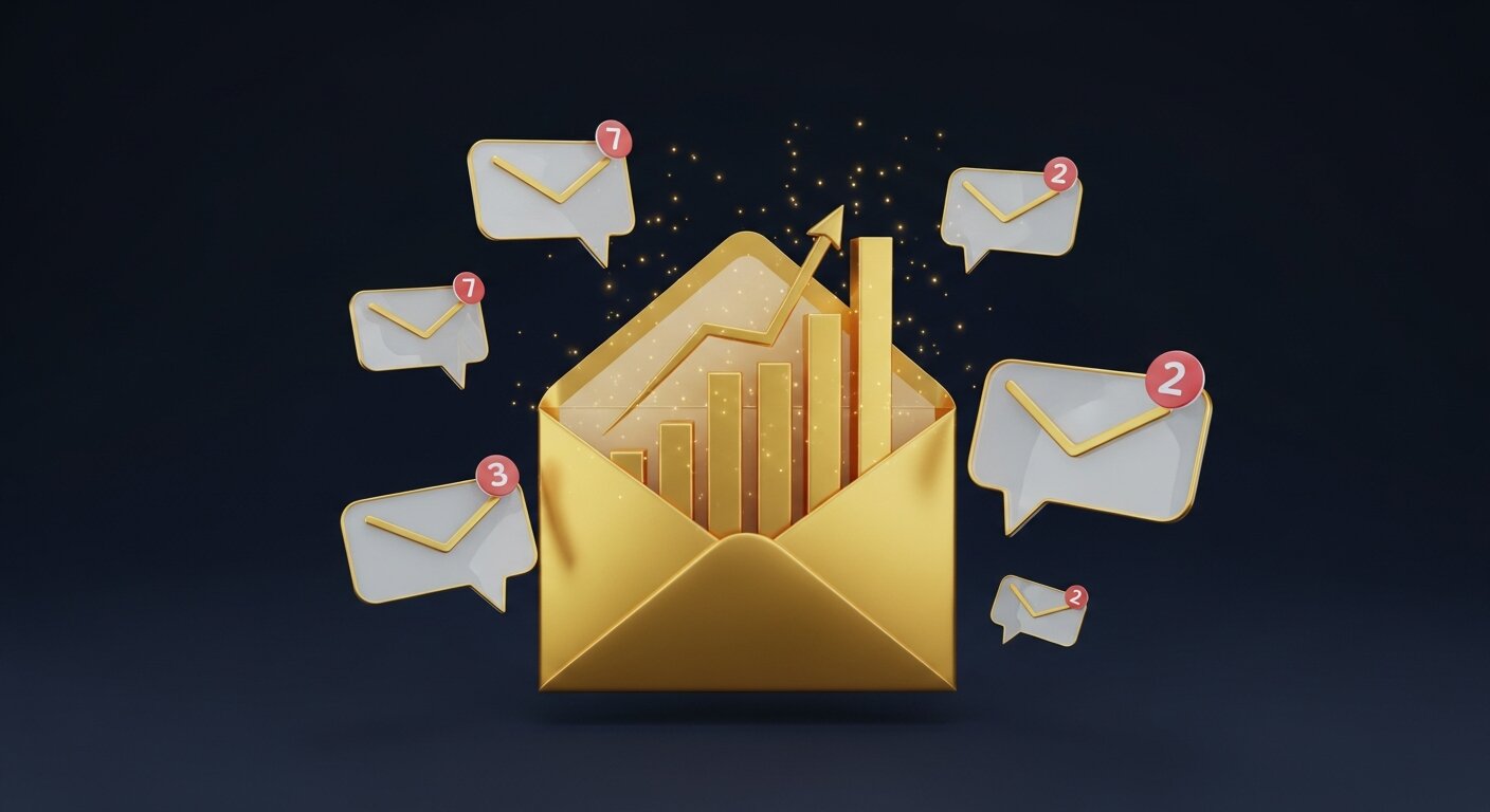 Enveloppe dorée ouverte avec graphique de croissance des ventes Shopify par email marketing