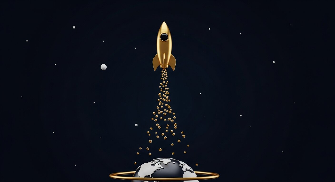 Fusée dorée décollant d'une planète sombre pour symboliser le lancement du e-commerce