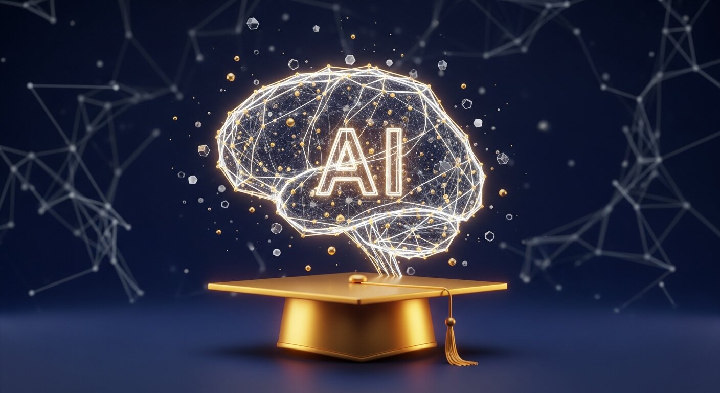 Chapeau de diplôme doré avec cerveau IA en réseau neuronal pour la formation ChatGPT
