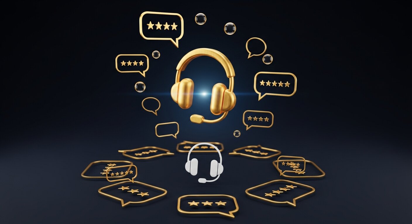 Casque service client doré entouré de bulles de chat et étoiles pour le SAV e-commerce