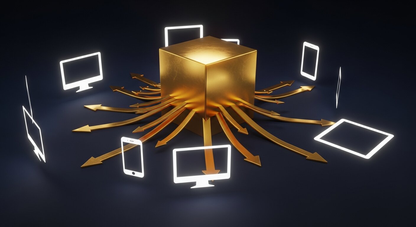 Cube doré central connecté par flèches dorées à des devices (moniteurs, mobiles, tablettes) pour le headless commerce
