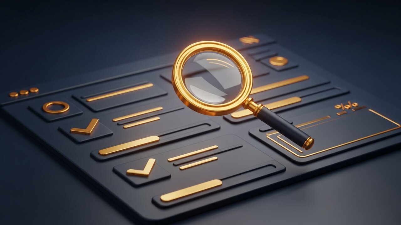 Dashboard navy avec checklist dorée représentant un audit SEO complet