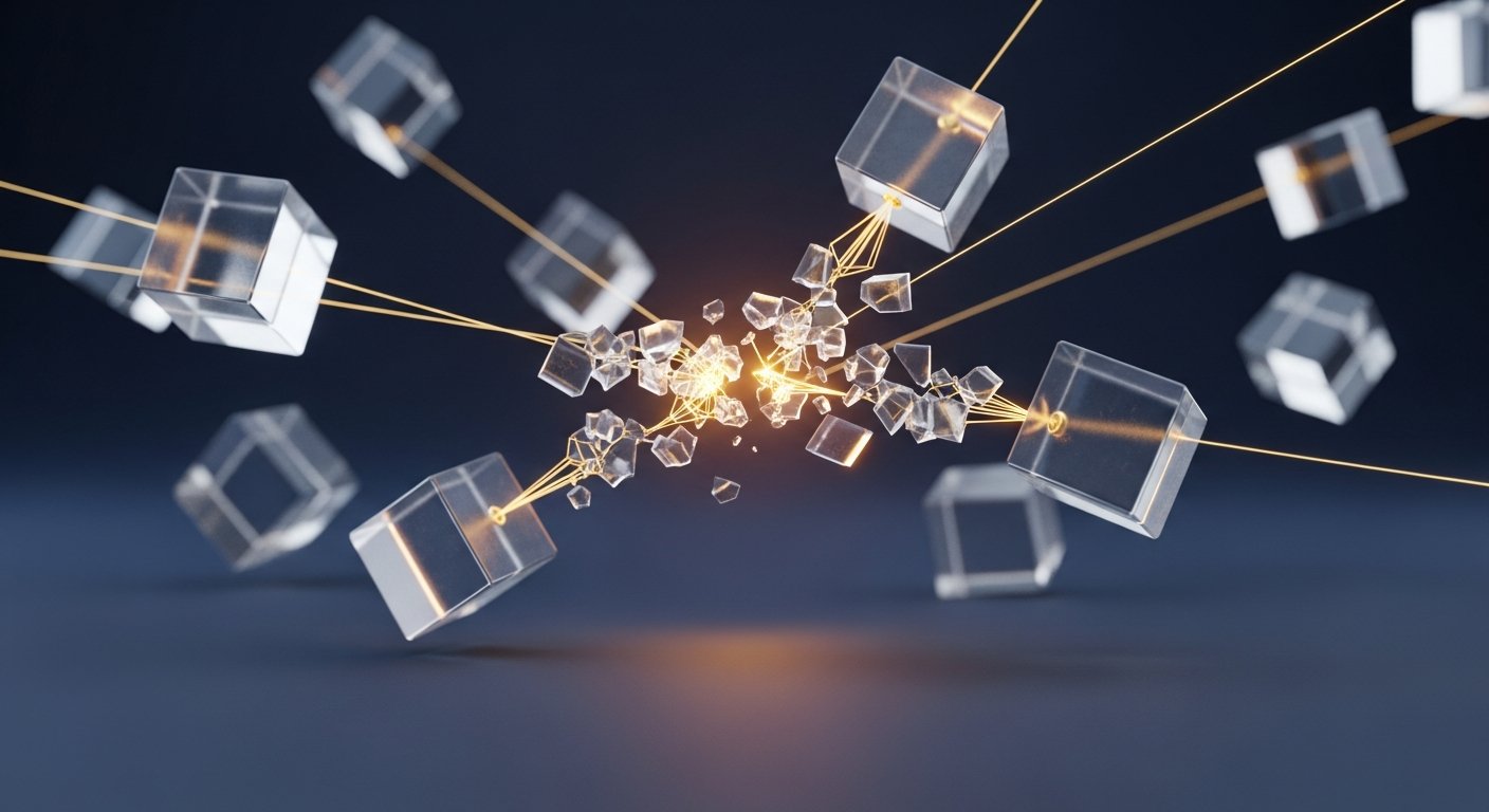 Cubes de verre flottants connectés par des rayons dorés fragmentés et brisés, métaphore des applications Shopify cassées par l'architecture Shadow DOM d'Horizon