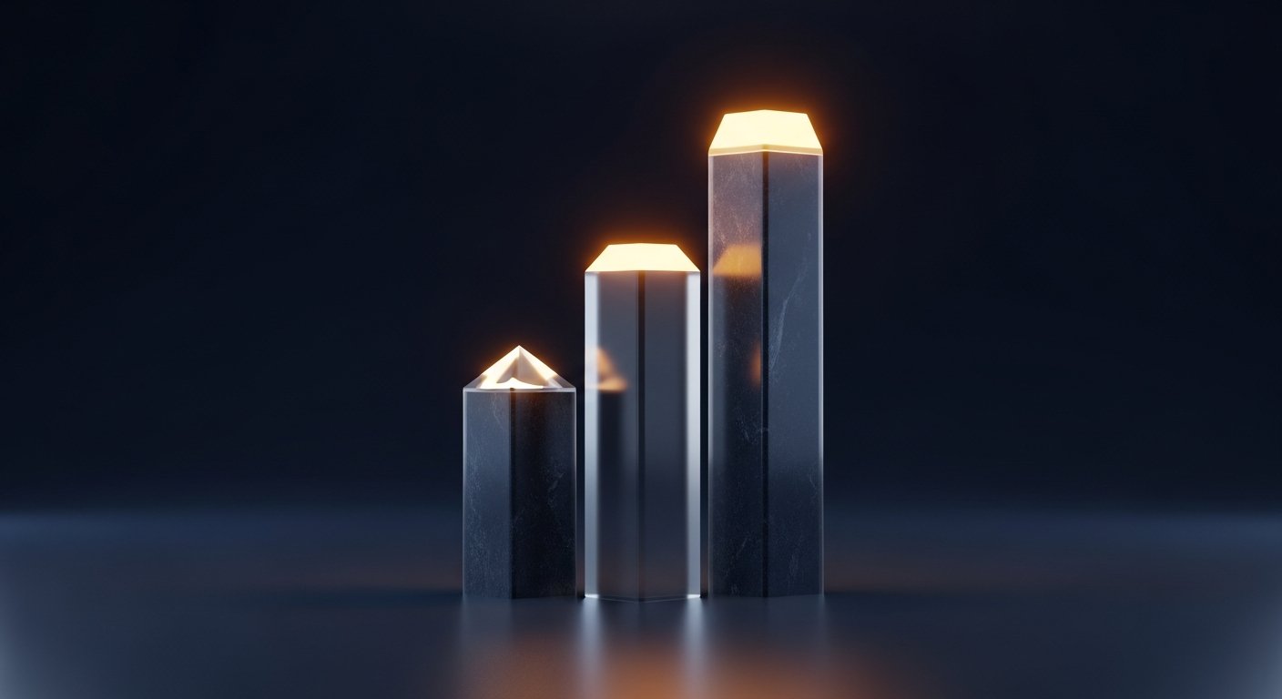 Trois podiums de hauteur croissante en verre translucide et navy avec le plus grand accentué d'une lumière dorée, comparaison visuelle Horizon Dawn et thème premium