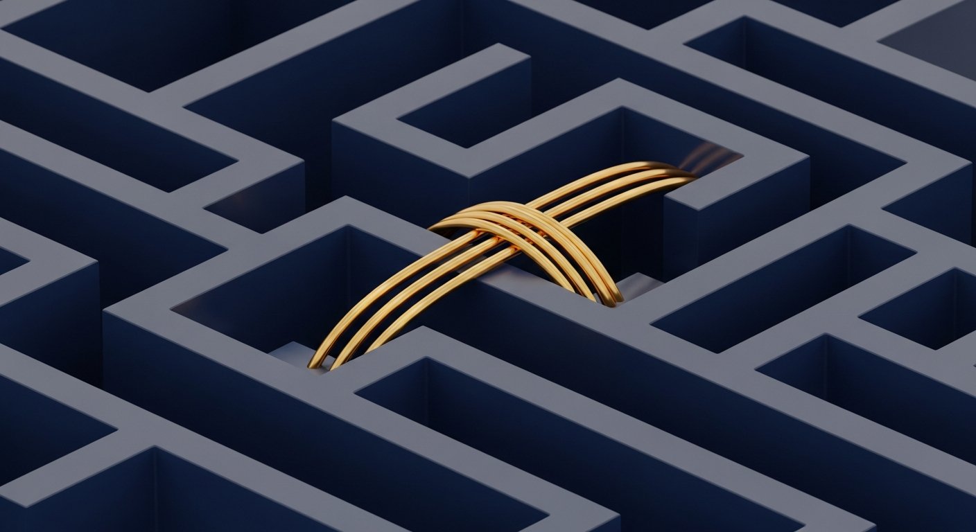 Labyrinthe isométrique navy avec un fil doré qui serpente à travers un chemin complexe, métaphore de la difficulté de migration manuelle de Dawn vers Horizon