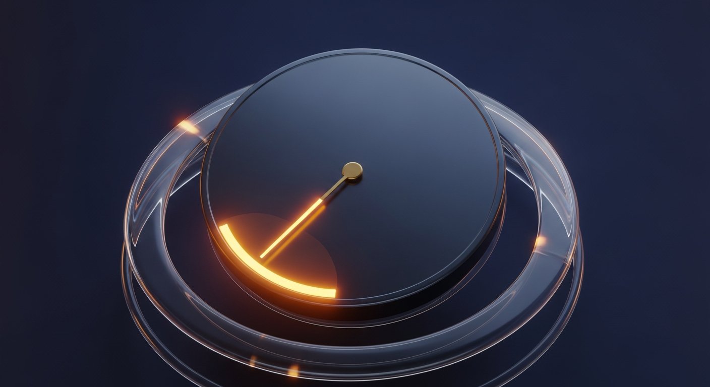 Gauge de performance abstrait avec aiguille pointant vers la zone basse en orange amber, illustration du score PageSpeed mobile faible d'Horizon