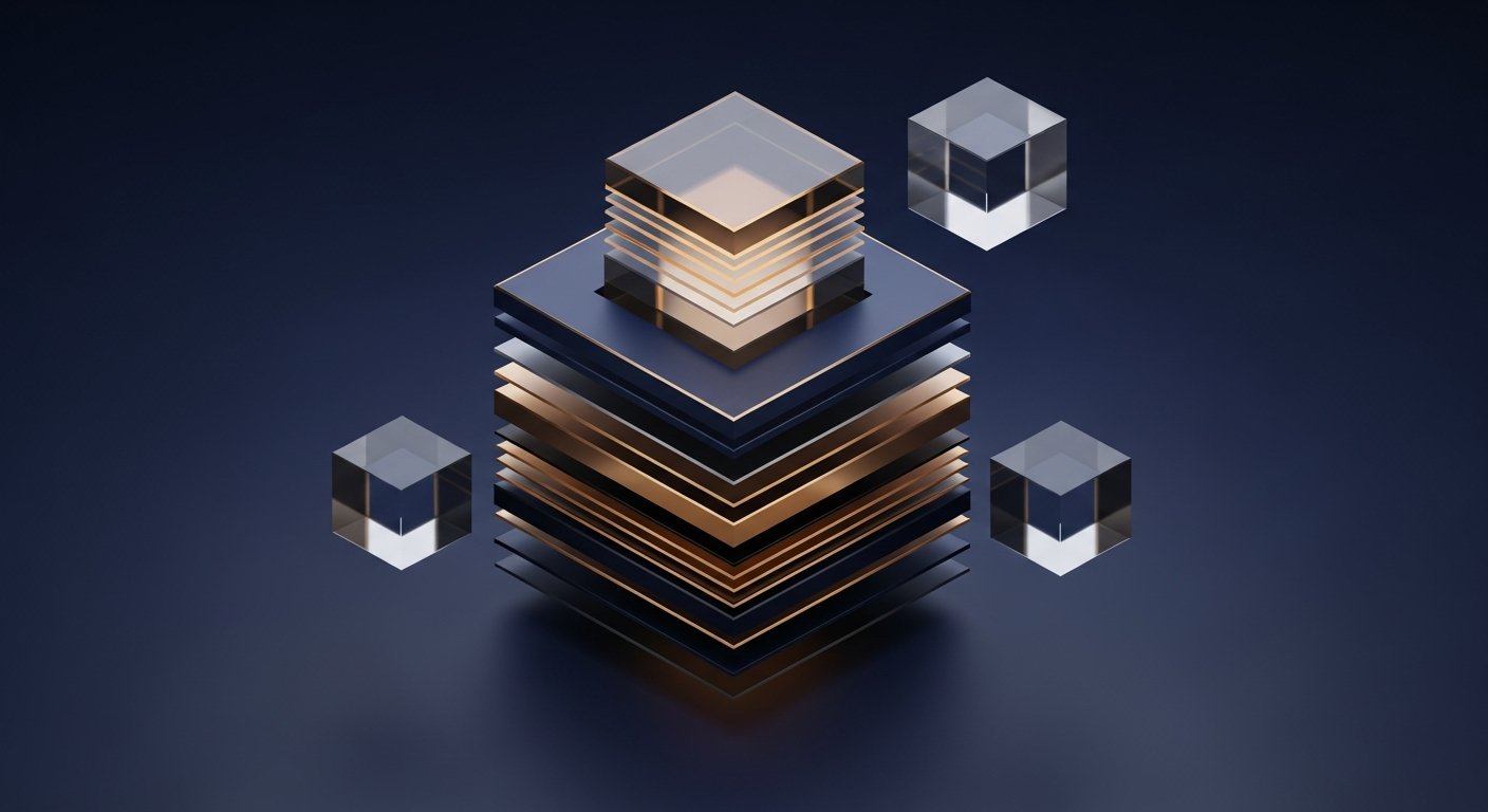 Illustration abstraite de blocs de verre empilés en hiérarchie nichée avec accents dorés sur fond bleu nuit, représentation du système de blocs imbriqués du nouveau thème Horizon Shopify