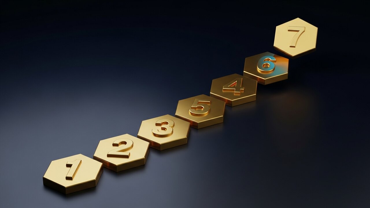 Les 7 leviers SEO Shopify : badges numérotés sur fond navy et accents dorés