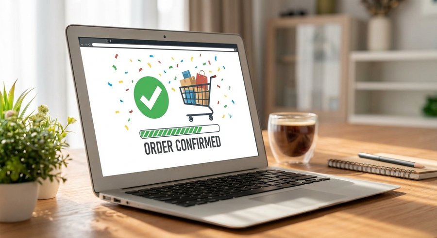 Professional photograph of a laptop screen showing an online store with a shopping cart full of items and a 'order confirmed' green checkmark, celebration confetti, conversion success concept